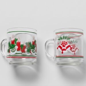 Vintage KIG Indonesia Christmas Glass Mugs Set 2 Holiday Bells White Bird Candle